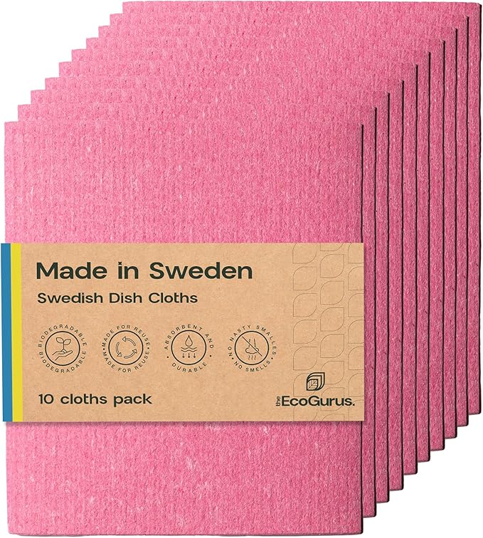 10 Pack Odour-Resistant Reusable Cleaning Cloths | Original Swedish Dishcloth | Made in Sweden | Suitable for All Surfaces | Biodegradable Cellulose Sponge | Kitchen & Bathroom | Pink