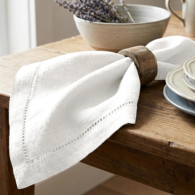 Flax Cloth Hemstitched White Dinner Napkins Set of 4-20x20 Inch, Premium Cotton Linen Decorative Dinning Table Napkin Ideal for Spring, Summer, Easter | Washable Daily Kitchen Use Napkin for Wedding