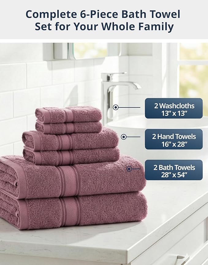 LANE LINEN Luxury Bath Towel Set - 6 Piece Set, 100% Cotton Bathroom Towels, Zero Twist, Quick Dry Shower Towels, Absorbent Towel, 2 Bath, 2 Hand, 2 Wash Cloths - Wishful Mauve