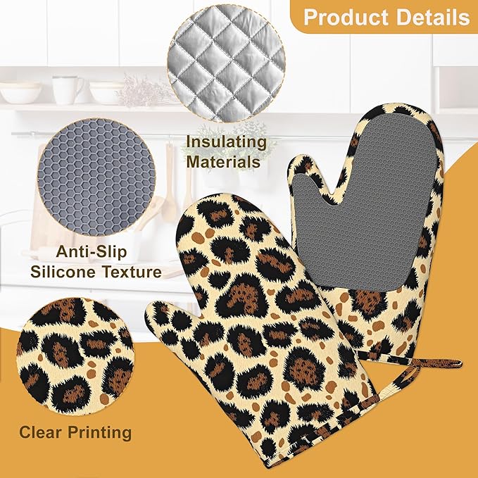 Leopard Print Oven Mitts and Pot Holders Sets of 4, Heat Resistant Silicone Oven Mitts Gloves Non-Slip Kitchen Mittens Potholders for Cooking Baking Grilling BBQ
