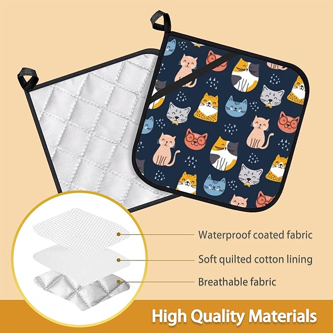 Cute Cat Pot Holder Set of 2,Heat Resistant Potholders Oven Hot Pads for Kitchen Cooking Baking BBQ