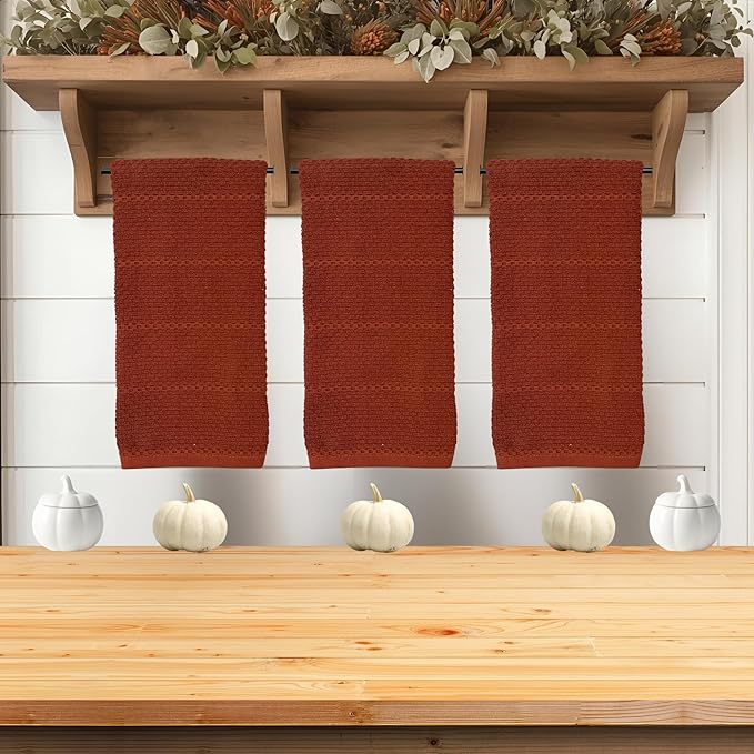 Maroon Rust Cinnamon Kitchen Hand Dish Towels: Oversized 28" x 18",100% Cotton Cloth Soft Cleaning Drying Absorbent Textured Design, Set of 3 Multipurpose for Everyday Use (Cinnamon Textured)