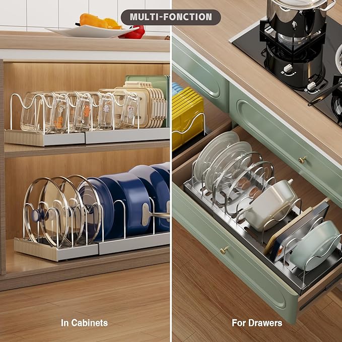Magheo Expandable Food Storage Container Lid Organizers, 22" Pots and Pans Organizer Under Cabinet with 9 Adjustable Dividers Pot and Pan Lid Holders Rack Inside Cabinet(Gray,1 Pack)