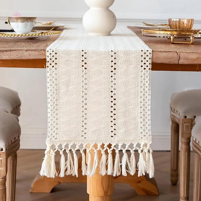 Macrame Table Runner Cream Beige Boho Table Runners with Tassels 48 Inches Long, Rustic Farmhouse Table Runners for Living Room Bridal Shower(12x48in, Fringe Included)