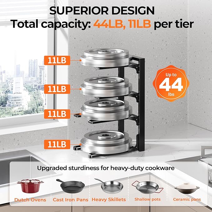 MUDEELA 2 Pack Pots and Pans Organizer under Cabinet, 4-Tier Heavy Duty Pan Organizers inside Cabinet Kitchen Storage, Adjustable Pot Rack Holds up to 44 LB Cast Iron Skillets Shallow Cookware