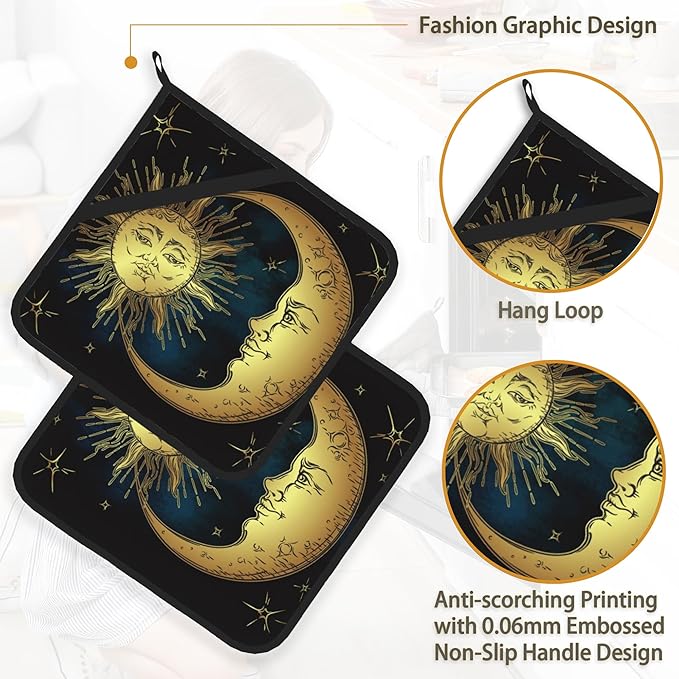 Celestial Moon Golden Sun Boho Chic Stars Pot Holder Set of 2,Heat Resistant Potholders Oven Hot Pads for Kitchen Cooking Baking BBQ