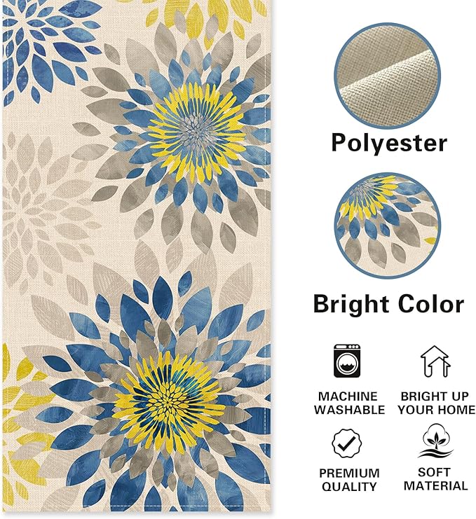 Geometric Dahlia Flower Dining Table Runner, Blue Yellow Floral Modern Art Burlap Kitchen Decoration, Spring Summer Farmhouse Indoor Outdoor Home Decor Party Supply 13 x 36 Inches