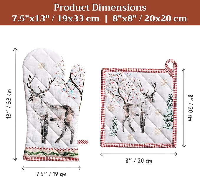 Maison d' Hermine 100% Cotton Oven Mitt & Pot Holder Set (7.5"x13" & 8"x8") Heat Resistant BBQ Cooking Gloves with Loop for Thanksgiving Christmas Decorations Handling Hot Pans (Rural Christmas)