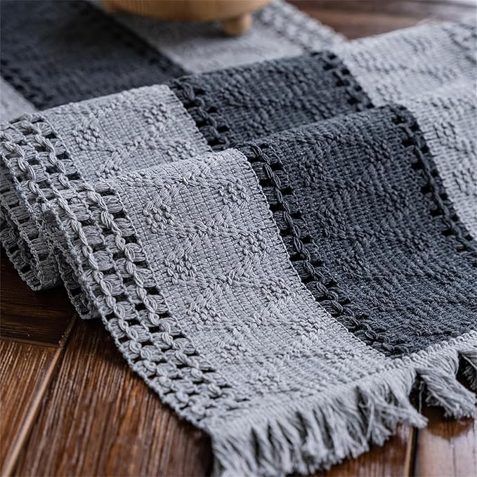 Alynsehom Macrame Table Runner Grey Boho Table Runners with Tassels Hand Woven Cotton Table Runner Rustic Farmhouse Table Runners for Bohemian Kitchen Dining Table(12x71in)