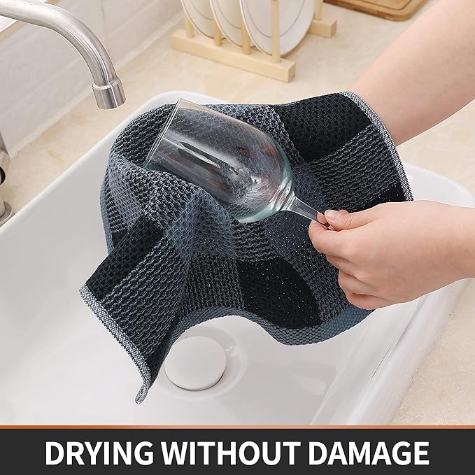 Homaxy 100% Cotton Waffle Weave Check Plaid Dish Cloths, 12 x 12 Inches, Super Soft and Absorbent Dish Towels Quick Drying Dish Rags, 6-Pack, Black & Grey