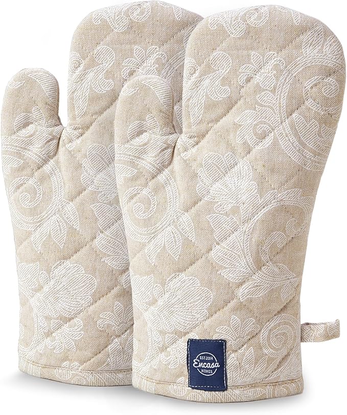 Encasa XO Oven Gloves Heat Resistant | Microwave Cooking Mittens for Baking & Kitchen Use | 12x7 in | Cotton Utensil Holder - Chambray Fabric (Pack of 2, Beige)
