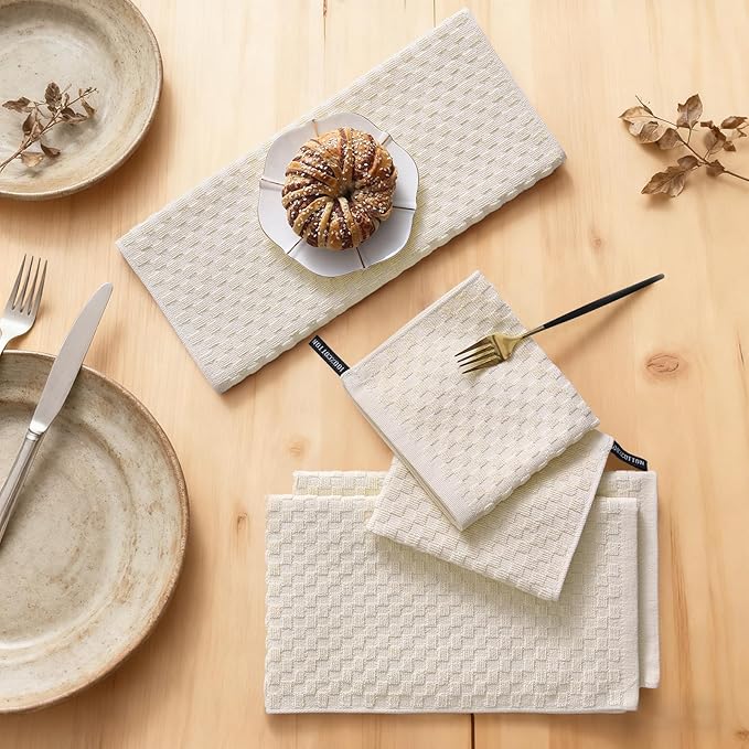 Homaxy 100% Cotton Kitchen Towels and Dishcloths Set, 12 x 12 & 15 x 25 Inches, Set of 12 Bulk Terry Cloth Dish Towels, Super Soft and Absorbent Hand Towel with Hanging Loop, Beige