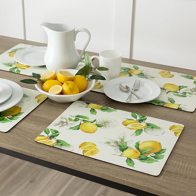 Benson Mills Cork Placemats Set of 4, Thick Cork Place Mats for Kitchen and Dining Tables, Easy Clean Table Mats (12" x 16" Rectangular Set of 4, Lemons)