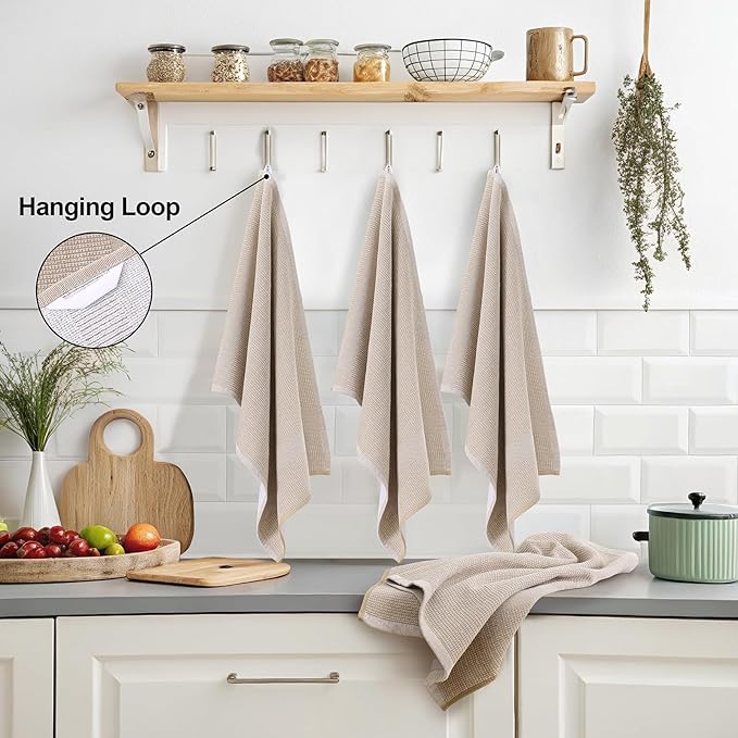 Mordimy Premium Kitchen Towels 12 Pack (18 x 28 Inches, Khaki), Large Cotton Kitchen Hand Towel, Flat & Terry Dish Towels for Drying Dishes, Super Absorbent Tea Dishtowels Set with Hanging Loop