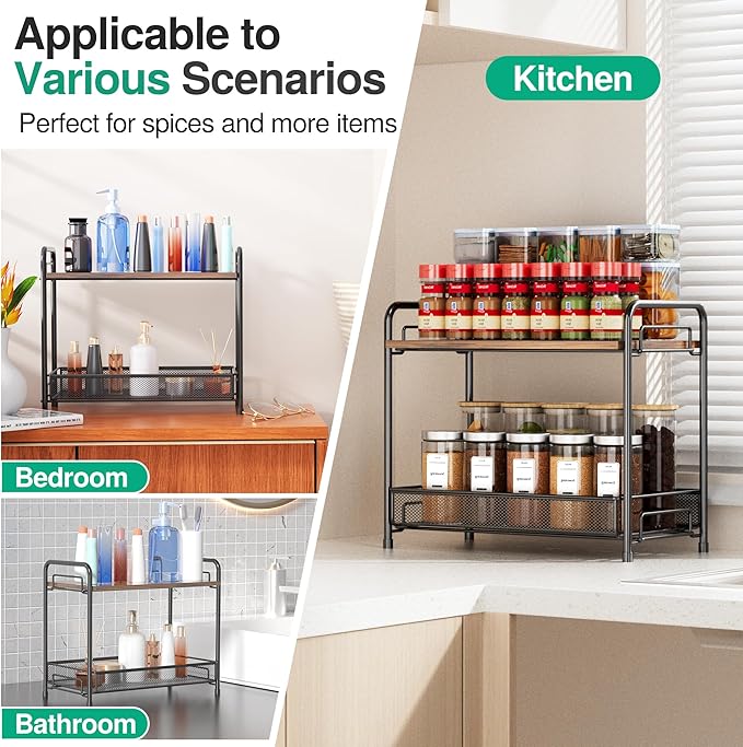 2 Pack Spice Rack Organizer for Countertop with Wood Top, 2-Tier Foldable Metal Rust-Proof Standing Large Seasoning Storage Shelf with Guardrail & Mesh Design for Kitchen Living Room, Black