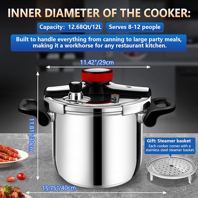 12.68 Quart Stainless Steel Pressure Cooker, Jumbo Large Capacity Stovetop Pressure Cooker, Commercial Grade Heavy Duty, Induction Ready for Catering & Large Gatherings