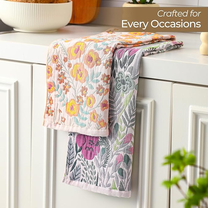 Kitchen Tea Towels 15" x 30",Quick Dry100% Organic Cotton for Kitchen Drying Linework,Ultra Absorbent Decorative Boho Floral Large Tea Towels with Hanging Loop