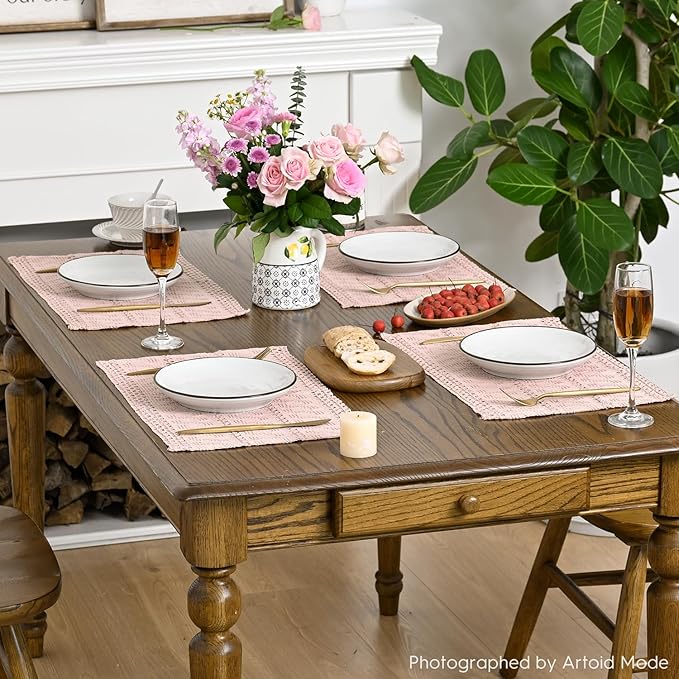 Artoid Mode Pink Farmhouse Woven Rustic Hollow Placemats Set of 4,12x18 Inch Seasonal Holiday Table Mats Party Kitchen Dining Decoration