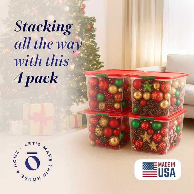 HOMZ 4-Pack Secure Latch, Clear Plastic Storage Organizer Bins, 64 Quart, Red Lid - Stackable Container Boxes for Bedroom, Bathroom, Garage, and Office Organization