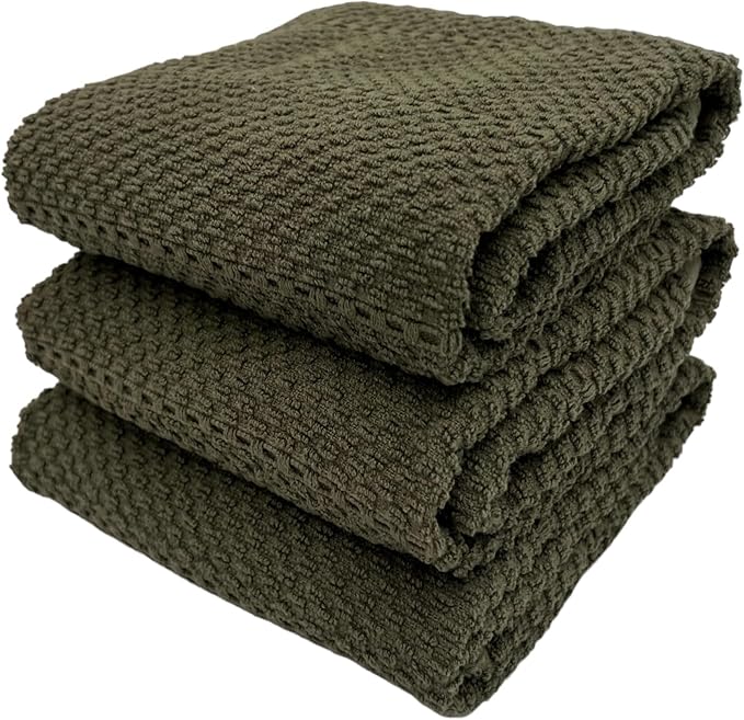 Serafina Home Olive Green Kitchen Hand Dish Towels: Oversized 28" x 18",100% Cotton Cloth Soft Cleaning Drying Absorbent Ribbed Design, Set of 3 Multipurpose for Everyday Use (Olive Textured)