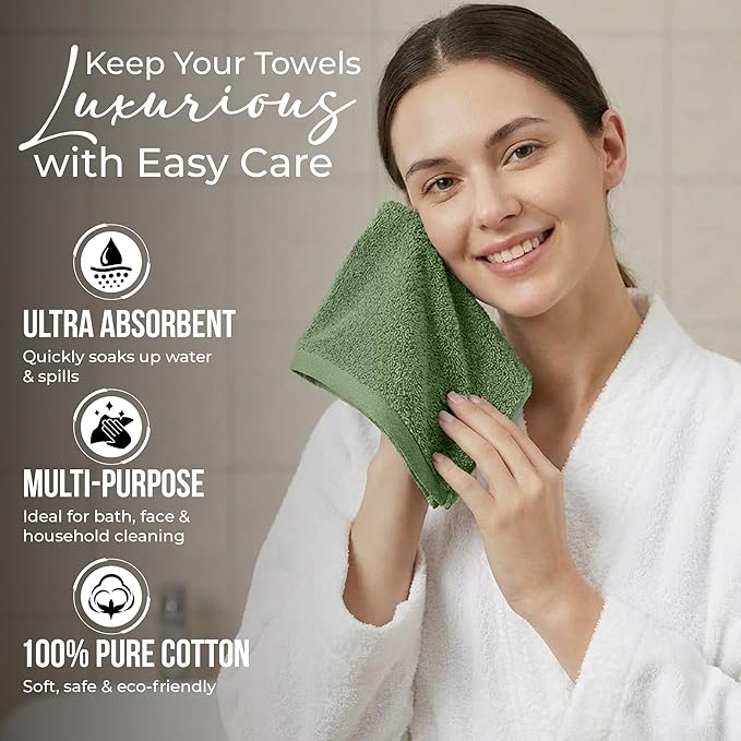 RIVERSIDE Pack of 24 Wash Cloths for Showering, 12 x 12 Inches, Super Soft & Absorbent, 100% Cotton Washcloths Premium Quality Flannel Face Cloths for Bathroom, Gym, Spa (Sage Green, 24 Pack)