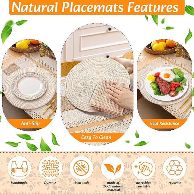 4 Sets Boho Place Mats Set Round Woven Placemats, Cloth Napkins, Wood Bead Napkin Rings, White Table Runner with Tassel and Farmhouse Rustic Placemats Cotton Burlap for Kitchen Table Decor