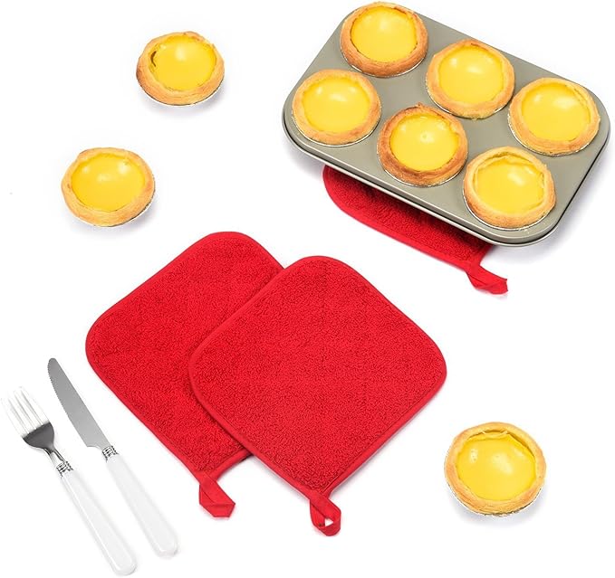 100% Cotton Kitchen Everyday Basic Terry Pot Holder Heat Resistant Coaster Potholder for Cooking and Baking Set of 5 Red