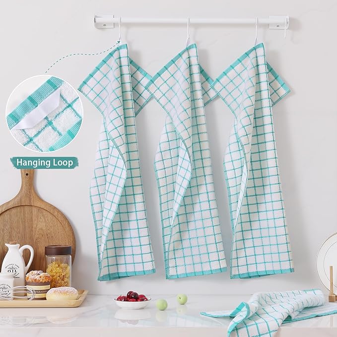 Homaxy Premium Kitchen Towels(16”x 28”, 8 Pack), Large Ring Spun Cotton Dish Towels, Super Absorbent Soft Terry Kitchen Hand Towels, Check Design Tea Towel Set with Hanging Loop, Aqua
