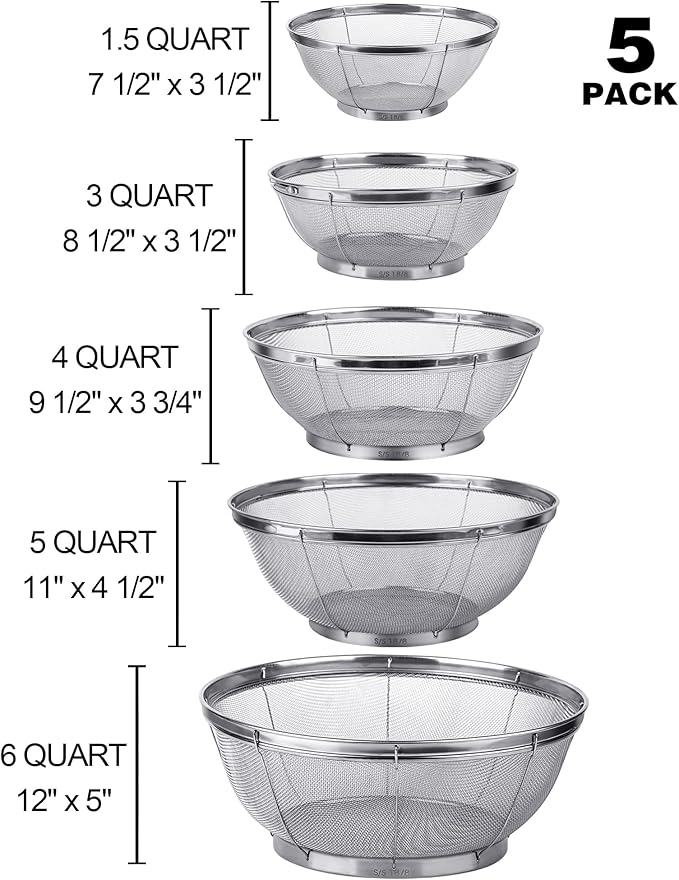 Tiawudi 5 Pack Strainers for Kitchen, 18/8 Stainless Steel Colander, Fine Mesh Strainer for Pasta, Rice and Fruit, Sieve for Strain, Drain, Rinse or Steam, Multi Size Sifter