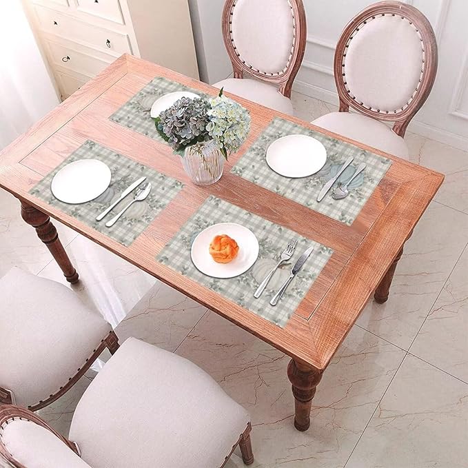 Fall Pumpkin Thanksgiving Placemats 12x18 Set of 4, Blue Pumpkin Buffalo Plaid Table Place Mat Autumn Watercolor Harvest Washable Table Mats Decorative Linen Fabric Table Mat for Dining Table