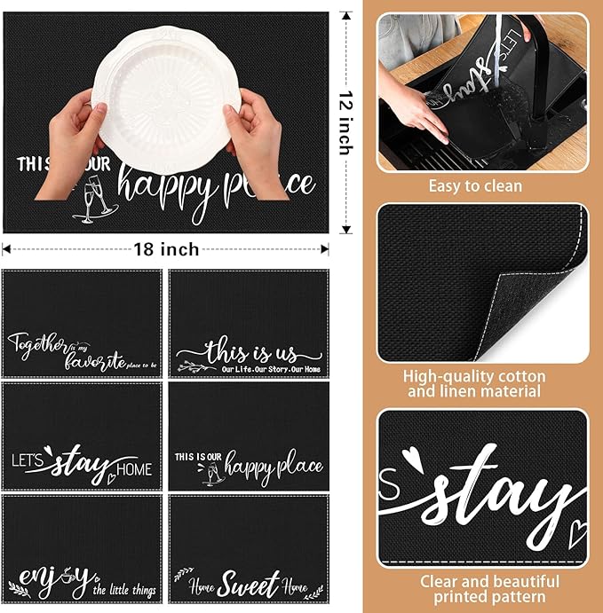 Farmhouse Placemats Set of 6 Linen Placemats 18x12'' Rustic Table Mats with Sayings Housewarming Gifts Country Tablemats Washable Cloth Place Mats for Farmhouse Table Setting(Black)