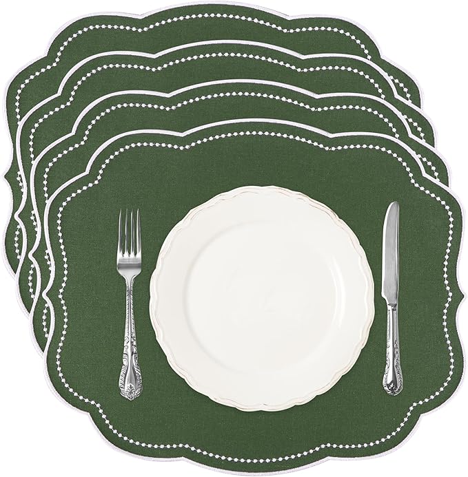 Cotton Linen Placemats Set of 4 - Double Layered, Luxury Scalloped Embroidered Cloth Table mats - Holidays, Christmas, Washable Mat, 16 x 13 inch (Green)