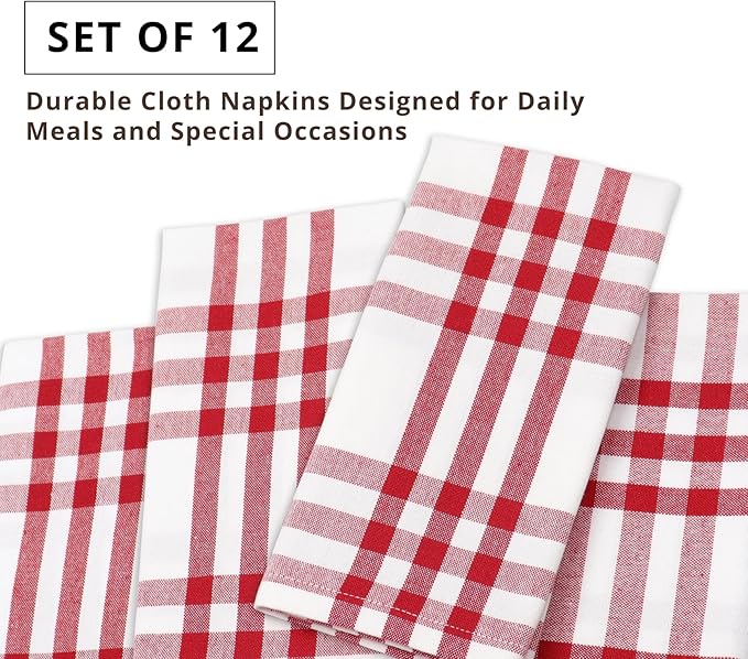 PurpleEssences Homestead Plaid Cloth Napkins - Mitered Corners - Spring Easter Summer - Check Dinner Napkin - Set of 12-100% Cotton - 18x18 Inch - Reusable Washable - Red and White