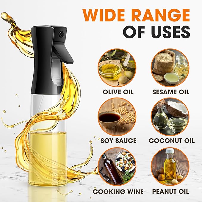 Cheer Collection Glass Oil Sprayer Set of 2 –300ml Olive Oil Sprayer Bottles for Cooking, Refillable Oil Mister & Dispenser, Black Olive Oil Spray Bottle for Food Prep