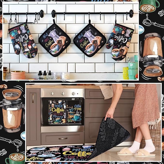 Fourluoo 10 Pcs Coffee Kitchen Decor Set Coffee Kitchen Dish Towels Oven Mitts and Pot Holders Farmhouse Rugs Mats Vintage Black Potholders for Chef Baking Cooking Grilling BBQ Women Accessories Gift