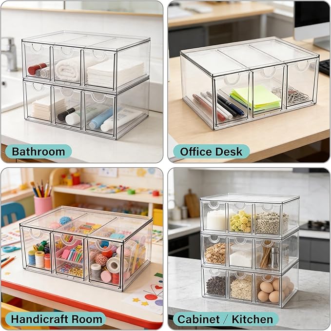Prsildan Acrylic Makeup Organizer, 3 Pack Stackable Storage Drawers with 9 Drawers for Office Desk Vanity Craft Room Clear Drawer Organizers for Hair Accessories Art Supplies Cosmetics Modular System