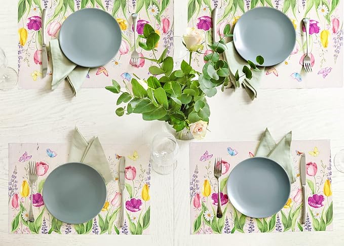 Whaline Set of 6 Spring Tulip Placemat Floral Butterfly Linen Place Mats Summer Waterproof Kitchen Table Mats for Seasonal Indoor Outdoor Home Party Dining Table Decoration, 17.9 x 12.2 Inch