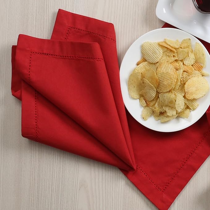 Lightnpro Christmas Red Cotton Napkins Set of 12, Beautiful Handmade Hemstitched Dinner Cloth Napkins, Washable and Reusable for Dining, Parties, Weddings, Holiday & Everyday Use - 18x18 Inch Red