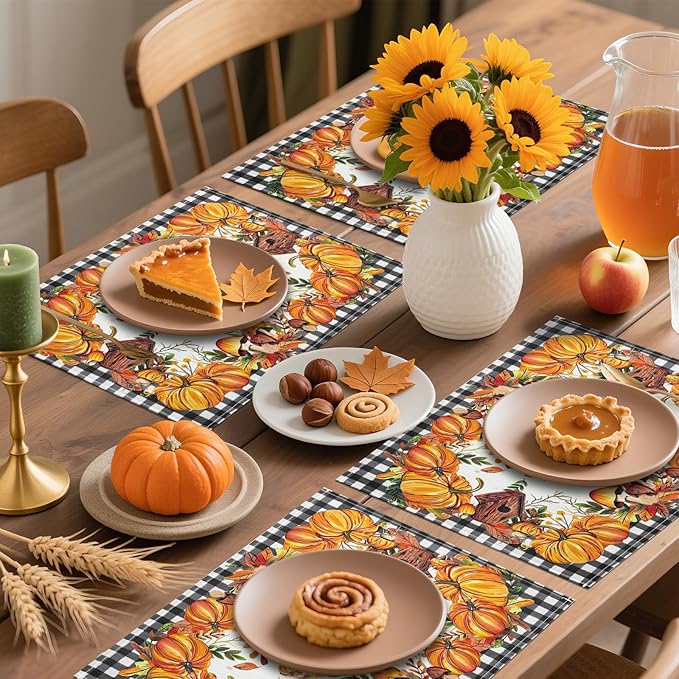 Bloss Thanksgiving Placemats Set of 4 Pumpkin Leaves Fall Placemats,Autumn Decorations Clearance,12x18Inch Plaid Place Mats,Thanksgiving Kitchen Dining Table Place mats for Fall Decorations