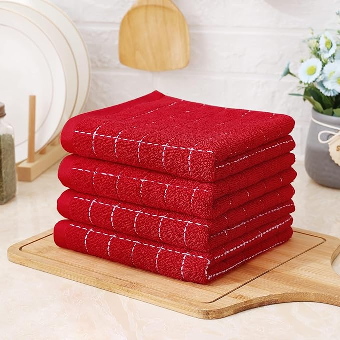 Homaxy 100% Cotton Terry Kitchen Towels(Red, 13 x 28 inches), Checkered Designed, Soft and Super Absorbent Dish Towels, 5 Pack
