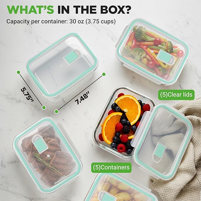 NutriChef 10 Piece Glass Food Storage Containers with Lids – 30 oz Meal Prep Containers Reusable Glass – Airtight Lunch Containers for Food Storage – Freezer to Oven Safe - Green