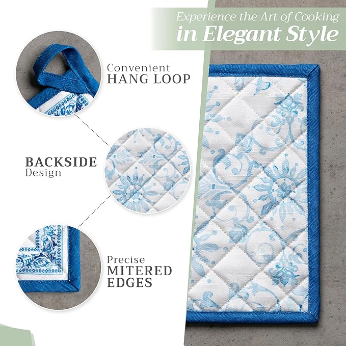 Maison d' Hermine Pot Holders 100% Cotton Heat Resistant Potholders 8" x 8" Hot Pads with Loop BBQ Cooking Baking Gifts for Mothers Day Handling Hot Pans Spring/Summer (Pack of 2, Cedrat)
