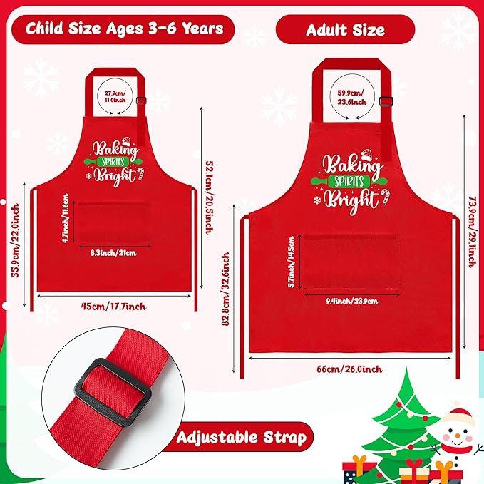 R HORSE 2Pcs Christmas Adult Kids Apron Costume Set, Mommy and Me Adjustable Kitchen Apron with 2 Pockets, Grandma and Me Matching Gift for Women Kid Cooking Baking Painting Training Gardening