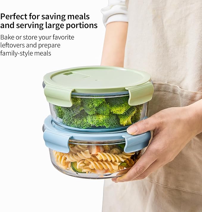 8 Pcs Round Glass Containers with Lids Airtight 4 Cup Glass Storage Containers Set Meal Prep Containers for Soup Leftover Microwave, Dishwasher, and Freezer Safe (6pc)