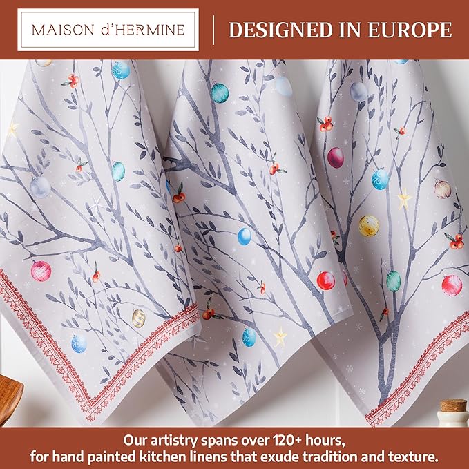 Maison d' Hermine Kitchen Towels Set of 3 100% Cotton 20" x 27.5" Reusable Cloth Tea Dish Towels Absorbent with Hanging Loop for Kitchen Dining Thanksgiving Christmas Decorations (Fairy Christmas)