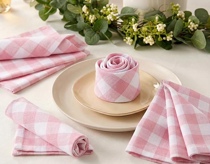 Cloth Napkins, Reusable Dinner Napkins for Parties,Weddings,Baby Shower,Christmas Decorations,Everyday Fabric Serviettes for Dining Table, Set of 12 Pink White_ 18"x18" with Decorative Hemstitched.