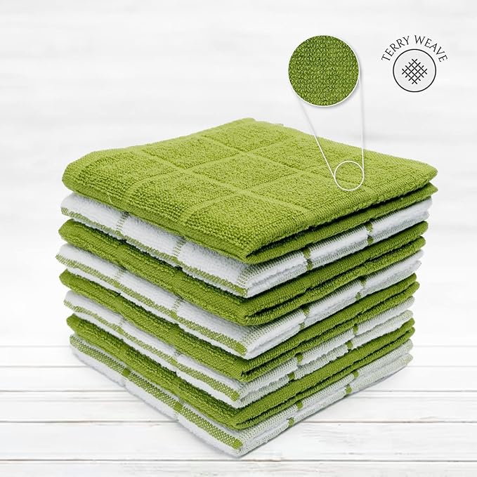 100% Cotton Terry Dish Cloth & Dish Towel, 8 Pack, Super Soft and Absorbent Kitchen Towels, Perfect for Kitchen Cleaning and Dish Washing (Green (Solid and Checks) 8 Pack)