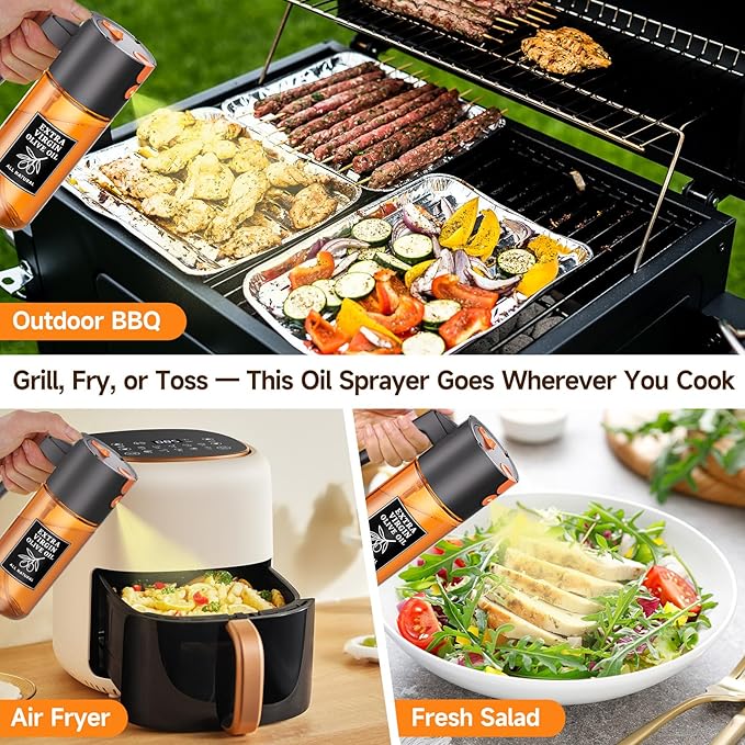 Oil Dispenser and Sprayer 16oz/500ml 2 in 1 Oil Mister for Cooking, Fine Mist Oil Sprayer with Portion Control Non Aerosol Leak Proof Design, UV Resistant Glass（Black）