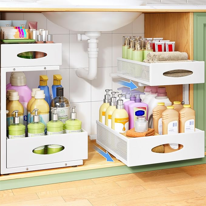 Under Sink Organizer, 2-Pack Pull Out Cabinet Organizer 2 Tier Metal Slide Out Storage Shelf Rack, L-Shaped Adjustable Height,Mesh Sliding Drawer for Kitchen, Bathroom, Laundry, Pantry, White, XL