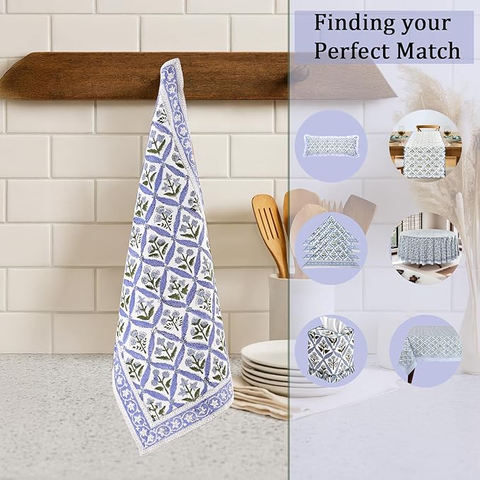 Ridhi Light Steel Blue Hand Block Print Waffle Kitchen Towel Set of 3-16 x28 Ultra Absorbent Quick Dry 100% Cotton Dish Towels Lightweight Reusable Sustainable Tea Towels for Cleaning and Drying